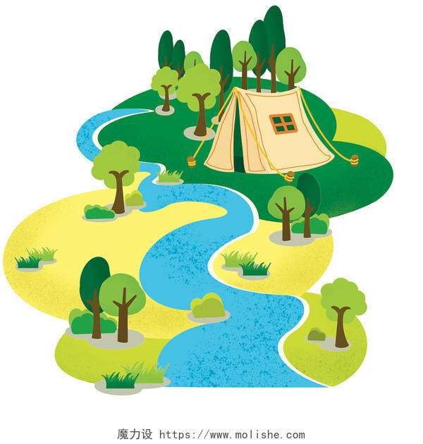 卡通风景河流与树木草地帐篷露营